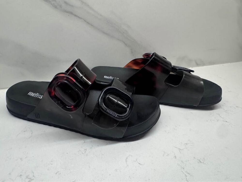Melissa Women’s Size 7 Cozy Black Clear Tortoise Slides Sandals